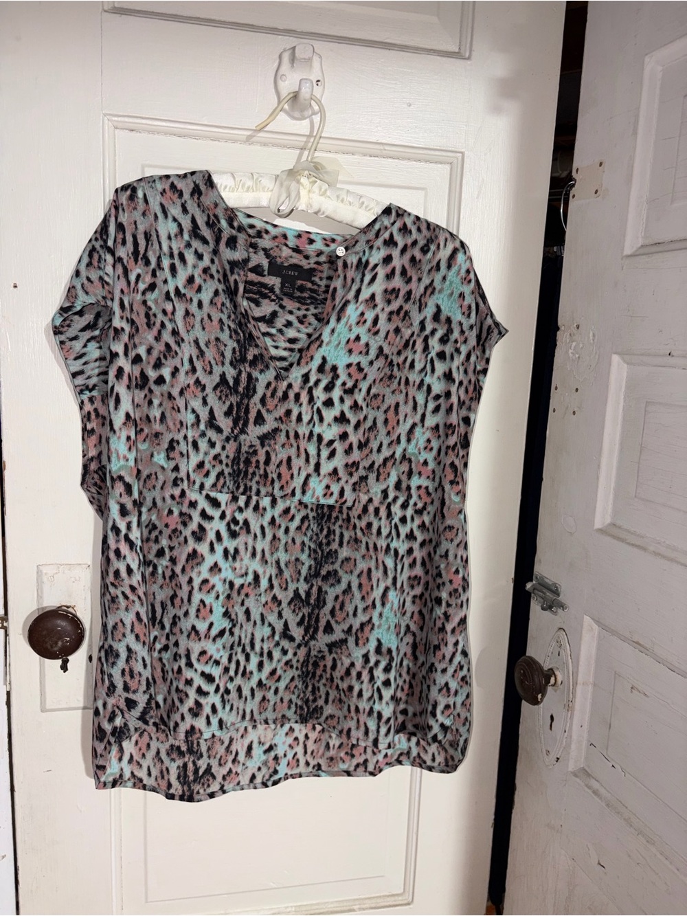 J. Crew Mint and Pink Leopard V-Neck Cap Sleeve Top
